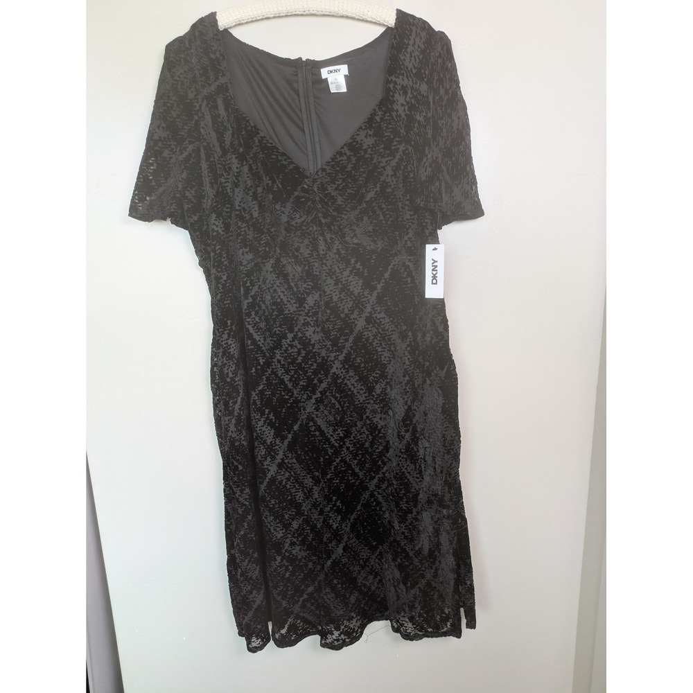 NEW DKNY Midi Dress Women's 22W Black Velvet Burnout Sweetheart Neck